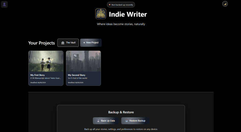 Indie Writer main workspace