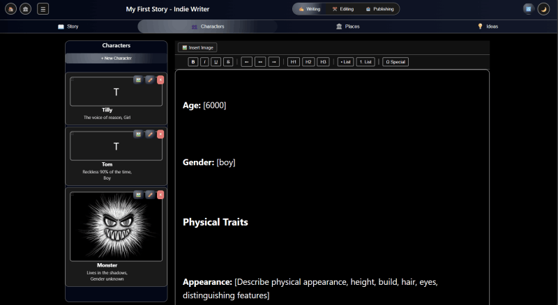 Indie Writer Characters tab